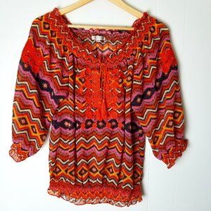 Joy Joy Orange & Brown Tie Sheer Chevron Top